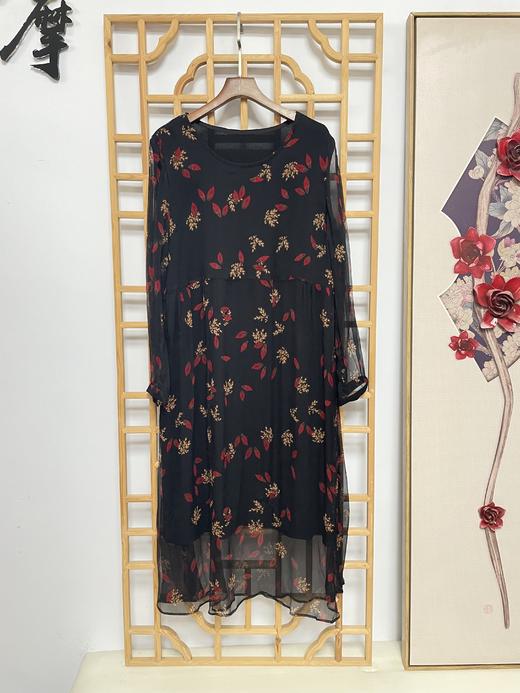 丁摩 真丝连衣裙女复古印花圆领宽松大摆桑蚕丝连衣裙20-120HS-DS399 商品图2