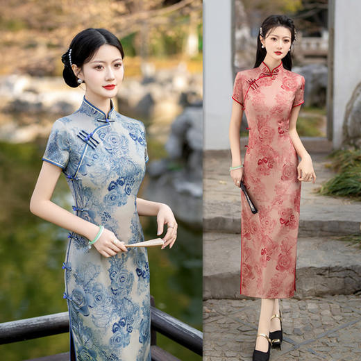 老上海复古国风烫金香云纱长款短袖旗袍2024春夏款旗袍SYK100893 商品图0