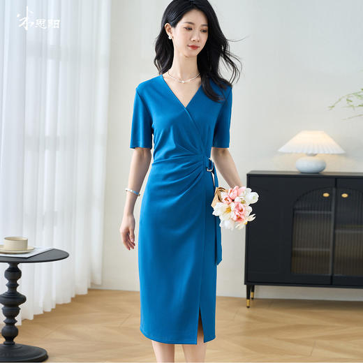 米思阳2025夏季新款气质通勤V领连衣裙收腰修身开叉一步裙女2752 商品图0