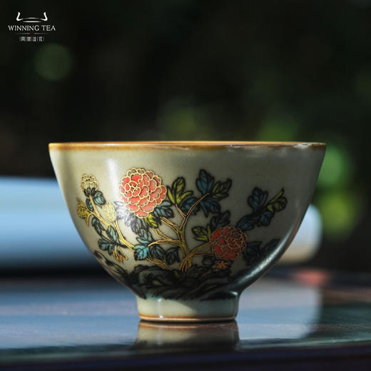 问鼎鼎峰柴窑高温彩绪文造鸡心杯（描金小鸟寻花） 商品图0