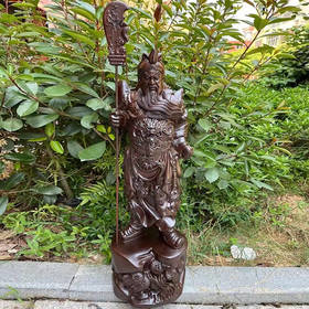 黑檀圆木雕刻武财神【立刀款】人像高：76厘米含刀