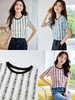 【专属特价】熙世界2025夏季新款黑白撞色镂空条纹蕾丝衫短袖圆领设计感上衣 商品缩略图2