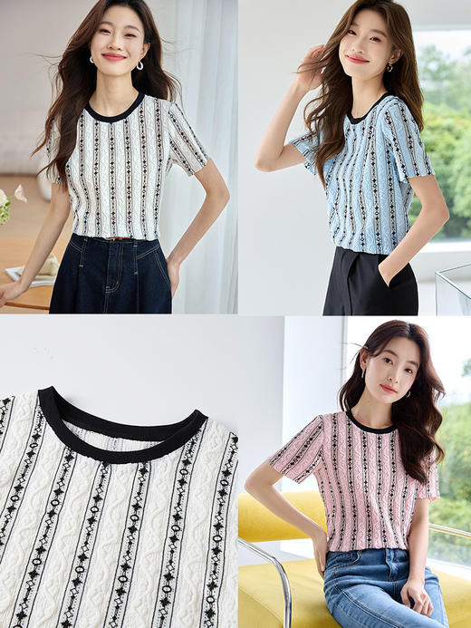 【专属特价】熙世界2025夏季新款黑白撞色镂空条纹蕾丝衫短袖圆领设计感上衣 商品图2