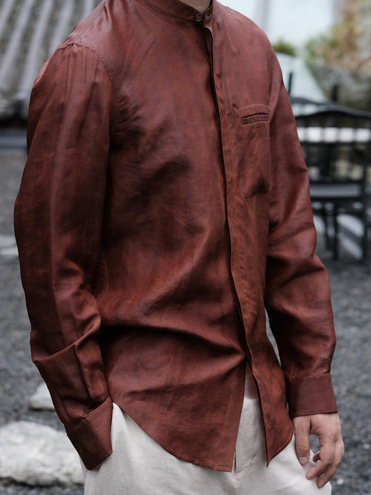 盛唐婧| 男士红云纱立领莨绸男衬衫 商品图0