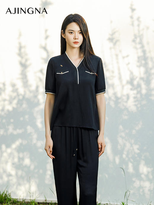 【商场同款】阿菁娜2024夏季新款V领撞色短袖上衣A30X202030 商品图3