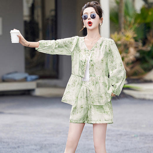 新中式国风套装，小香风绿色气质显瘦开衫短裤两件套HR-DMGY5021 商品图2