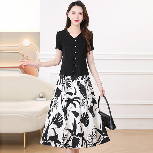 国风修身短袖小衫，印花中长款时尚休闲半身裙两件套QYM-XYKL-48139-L 商品图2