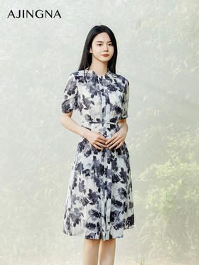 【商场同款】阿菁娜2024夏季新款桑蚕丝印花收腰连衣裙A30X212073