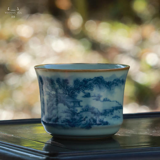 问鼎留青柴窑天青竹律杯（青花山水） 商品图0