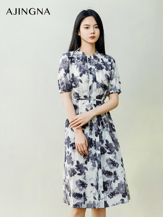 【商场同款】阿菁娜2024夏季新款桑蚕丝印花收腰连衣裙A30X212073 商品图1