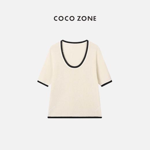 COCO ZONE 气质百搭拼色黑边U型领针织毛衣上衣 23C29153 商品图0