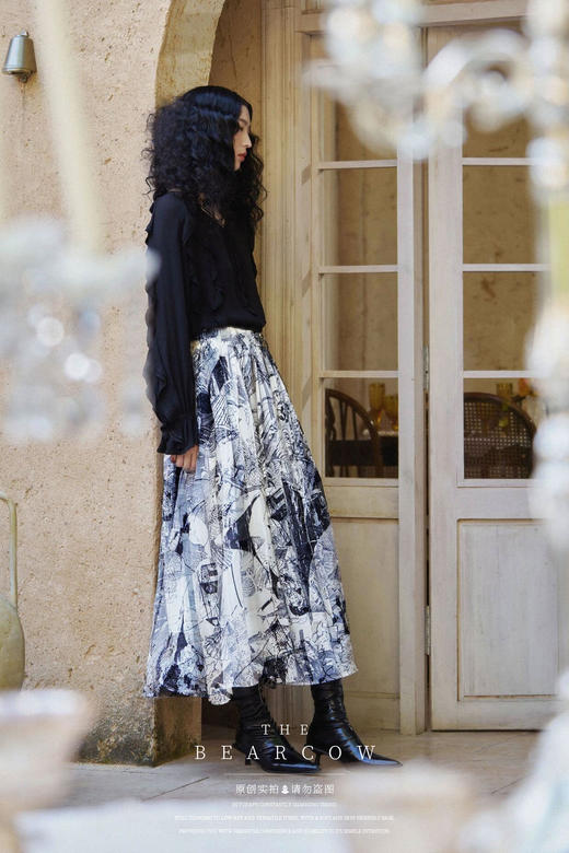 独家贵妇团D同款面料【千吉娜.水墨工艺半生裙】高级宝藏印花 都市小姐姐标配 商品图2