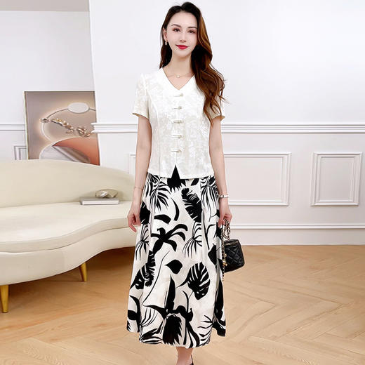 国风修身短袖小衫，印花中长款时尚休闲半身裙两件套QYM-XYKL-48139-L 商品图0