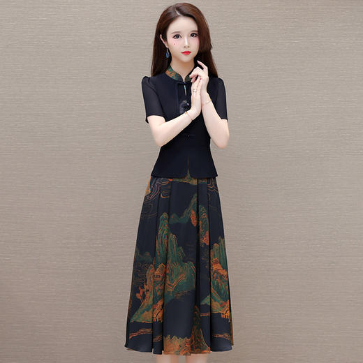 立领短袖通勤修身气质连衣裙，国风印花假两件时尚百褶裙QYM-XQD-25B28122-L 商品图1