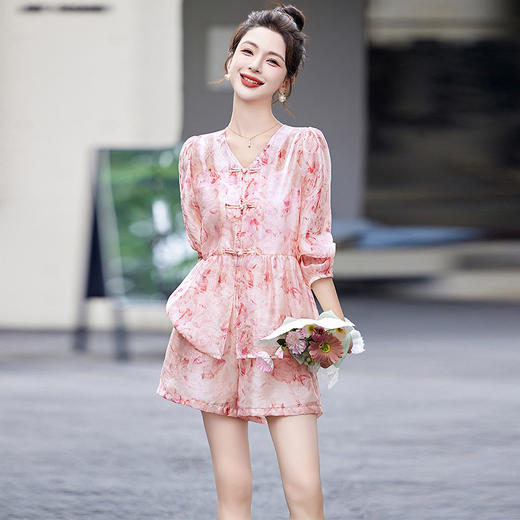 新中式国风套装，小香风绿色气质显瘦开衫短裤两件套HR-DMGY5021 商品图1