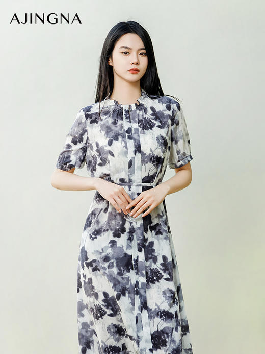 【商场同款】阿菁娜2024夏季新款桑蚕丝印花收腰连衣裙A30X212073 商品图3
