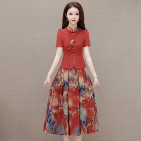 立领短袖通勤修身气质连衣裙，国风印花假两件时尚百褶裙QYM-XQD-25B28122-L