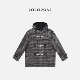COCO ZONE 复古风连帽格子上衣牛角扣长袖百搭外套24C10197