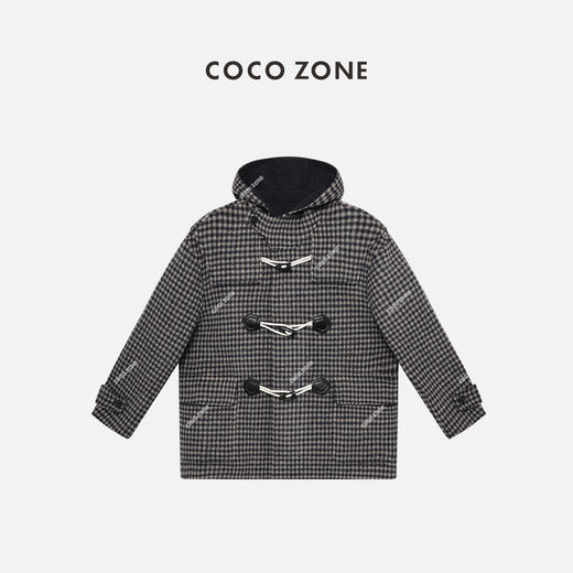 COCO ZONE 复古风连帽格子上衣牛角扣长袖百搭外套24C10197 商品图0