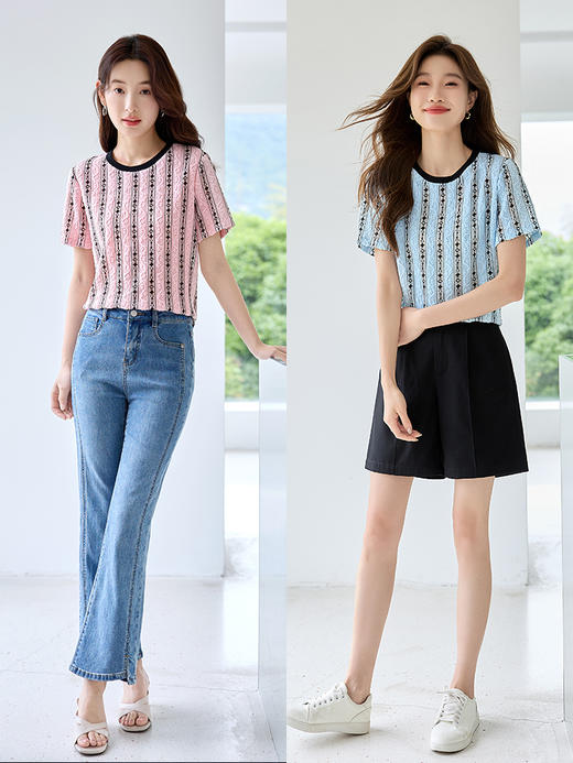 【专属特价】熙世界2025夏季新款黑白撞色镂空条纹蕾丝衫短袖圆领设计感上衣 商品图1