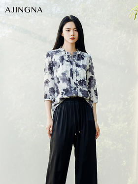 【商场同款】阿菁娜2024夏季新款桑蚕丝印花宽松上衣A30X202032