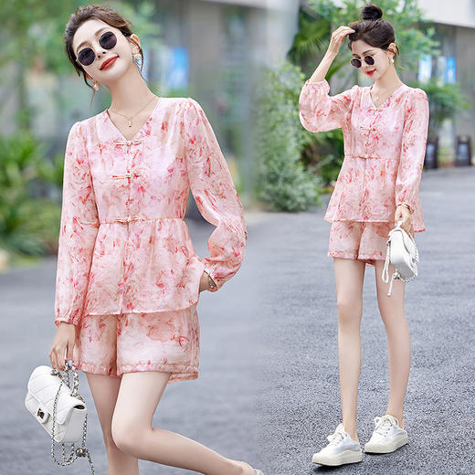 新中式国风套装，小香风绿色气质显瘦开衫短裤两件套HR-DMGY5021 商品图3