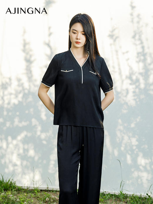 【商场同款】阿菁娜2024夏季新款V领撞色短袖上衣A30X202030 商品图2