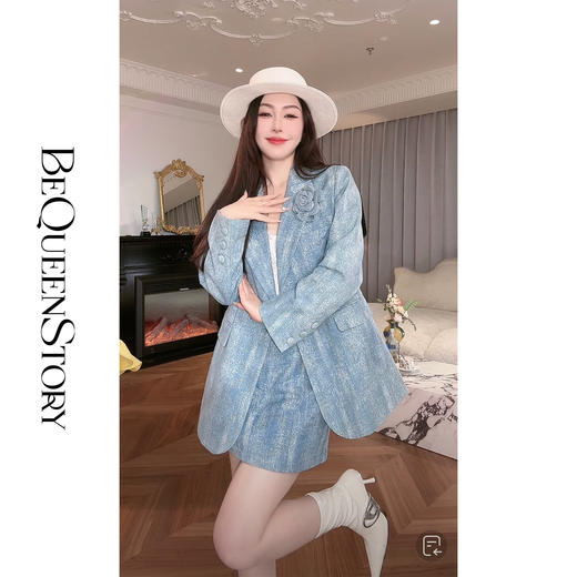 BeQueenStory【高阶主理人】重工烫银手工扎染牛仔枪驳领西装外套 商品图4