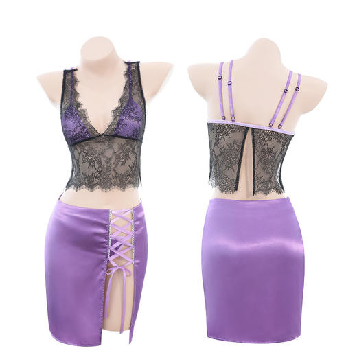 霏慕 韵味熟女深V透视分体装6495 吊带蕾丝文胸上衣包臀短裙性感情趣内衣夫妻刺激制服性感睡衣浴睡袍 商品图11