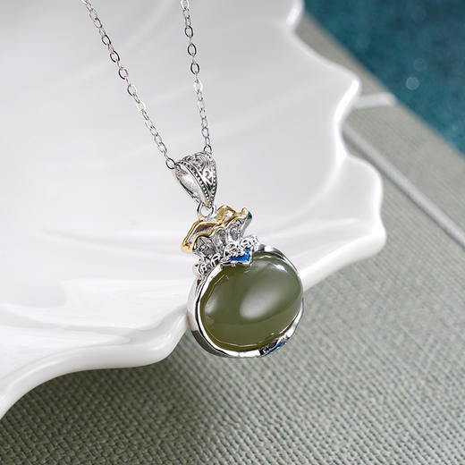 子佩集S925银【幸福光华】套链【DZ06276】纯银国潮青玉珐琅彩镀金和田青玉项链2406 商品图2