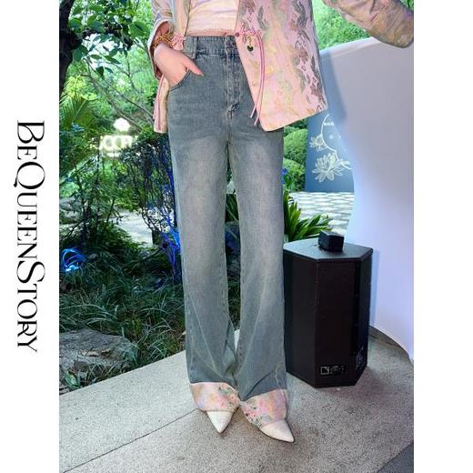 【孤品样衣，不退不换】   【淡漠余香】经典时尚国风拼接双凤纹宽松直筒牛仔裤 商品图3