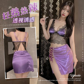 霏慕 韵味熟女深V透视分体装6495 吊带蕾丝文胸上衣包臀短裙性感情趣内衣夫妻刺激制服性感睡衣浴睡袍