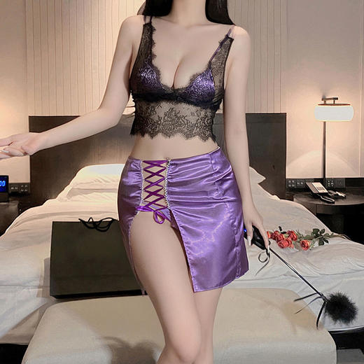 霏慕 韵味熟女深V透视分体装6495 吊带蕾丝文胸上衣包臀短裙性感情趣内衣夫妻刺激制服性感睡衣浴睡袍 商品图8