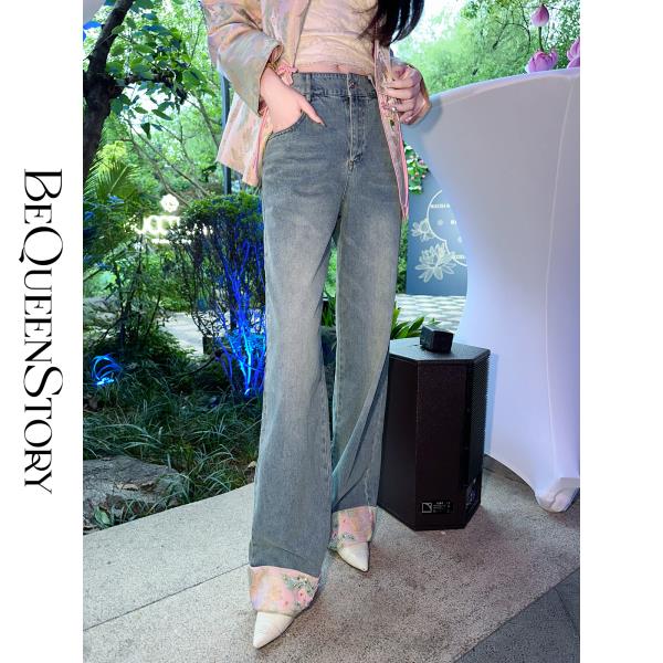 【孤品样衣，不退不换】   【淡漠余香】经典时尚国风拼接双凤纹宽松直筒牛仔裤