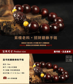 温书院 小叶紫檀手工雕刻貔貅男士手链18mm·手链*1条