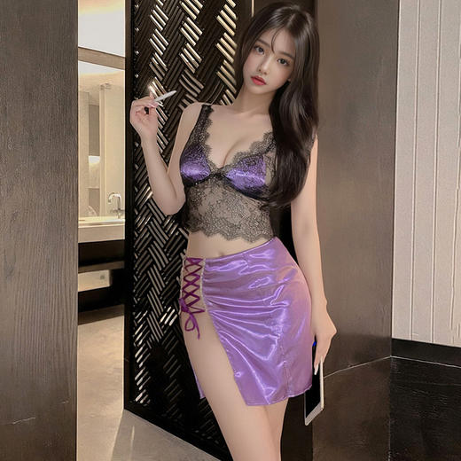 霏慕 韵味熟女深V透视分体装6495 吊带蕾丝文胸上衣包臀短裙性感情趣内衣夫妻刺激制服性感睡衣浴睡袍 商品图4
