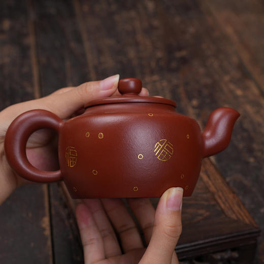 牟家辉 描金鸣泉壶 大红袍 宜兴紫砂原矿茶壶紫砂壶功夫茶泡茶壶茶具仿古 商品图1