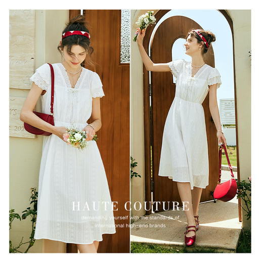 欧芮儿法式米白色蕾丝连衣裙女夏季2024新款收腰镂空刺绣小白裙 商品图3