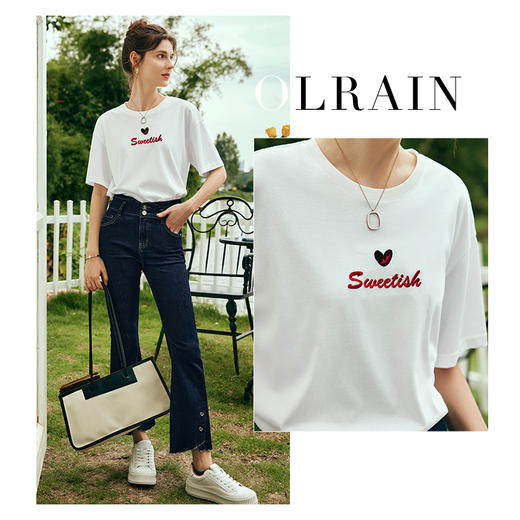 OLrain欧芮儿法式白色短袖T恤女夏2024新款宽松爱心撞色刺绣上衣 商品图1