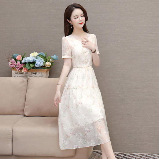 碎花雪纺短袖连衣裙，系带收腰裙短袖中长裙QYM-LRX-NF888-1-Y 商品图1