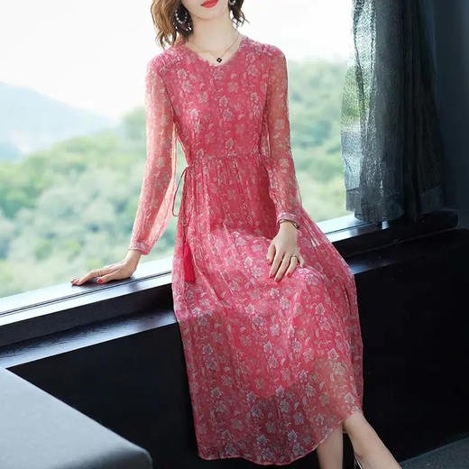 丁摩 新款真丝连衣裙碎花修身桑蚕丝连衣裙20-64 商品图0