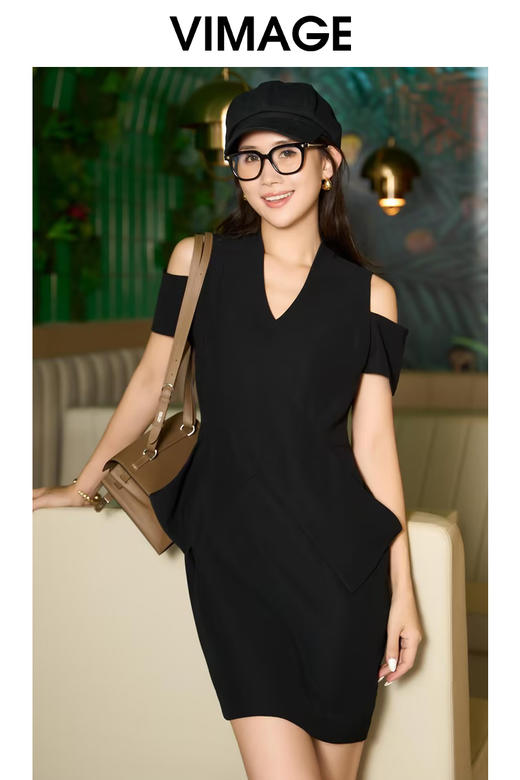 转款下架-VIMAGE纬漫纪夏季新款V领时尚OL漏肩通勤气质修身显瘦连衣裙V2107761 商品图2