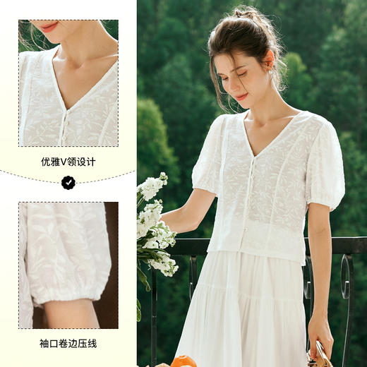 OLrain欧芮儿白色蕾丝衫女夏季2024年新款法式气质泡泡袖V领上衣 商品图3
