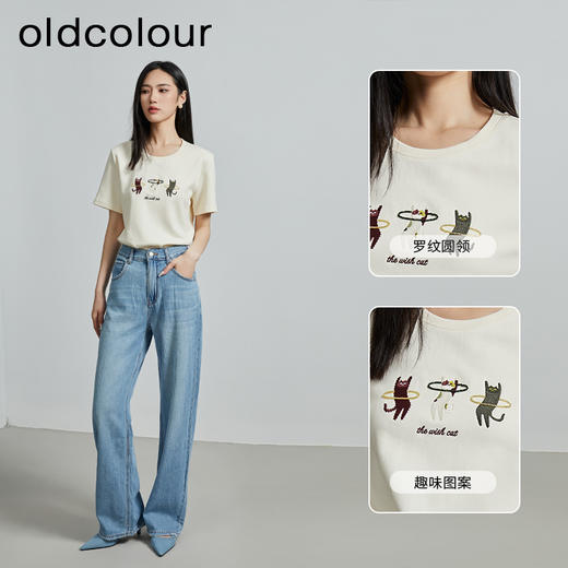 oldcolour秋季新款趣味猫咪刺绣设计感圆领短袖T恤女P310202A1 商品图2