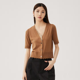 谜底假两件针织开衫短袖女2024秋季新品文艺风V领针织衫243MZ1272