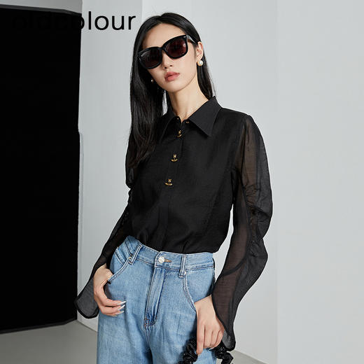 oldcolour秋季新款通勤时尚纯色花边袖长袖衬衫女P310107A1 商品图1