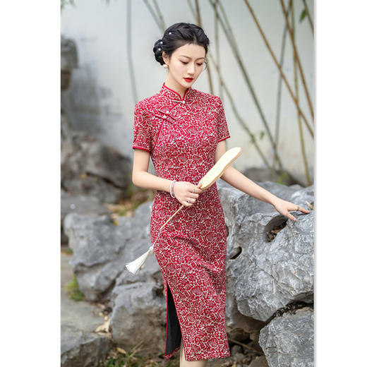 SKY复古中国风弹力短袖旗袍2024夏新款改良中式妈妈装大码小个子旗袍 商品图3