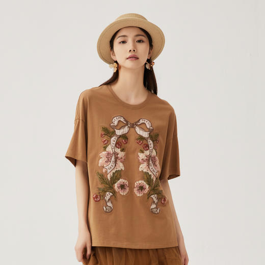 谜底大廓形T恤短袖女2024秋新品复古贴布绣纯棉宽松上衣243MT0957 商品图0