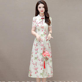 古风改良旗袍连衣裙，国风中长款印花裙QYM-KED-H1897-Y