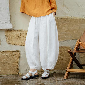 绽放365+018【甜茶系列·牛角包】干洗亚麻拼接线条设计感休闲灯笼裤